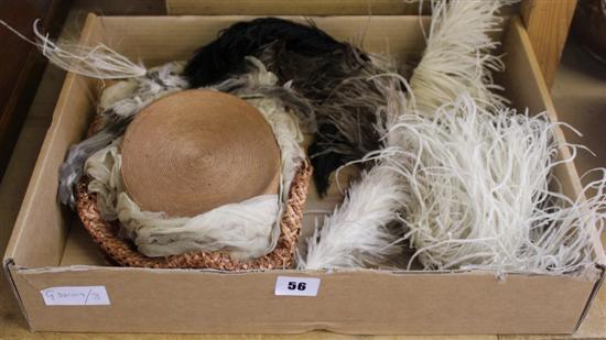 Edwardian ladies straw hat, gents bowler hat in 1930s box, Ostrich feathers